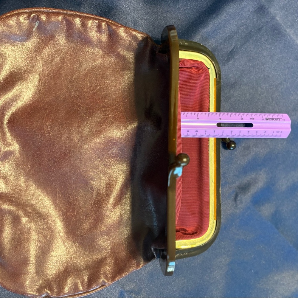SOLD Vintage Burgundy Leather and Acrylic Tortoise Shell Clutch, with Kiss Clasp - Picture 12 of 13